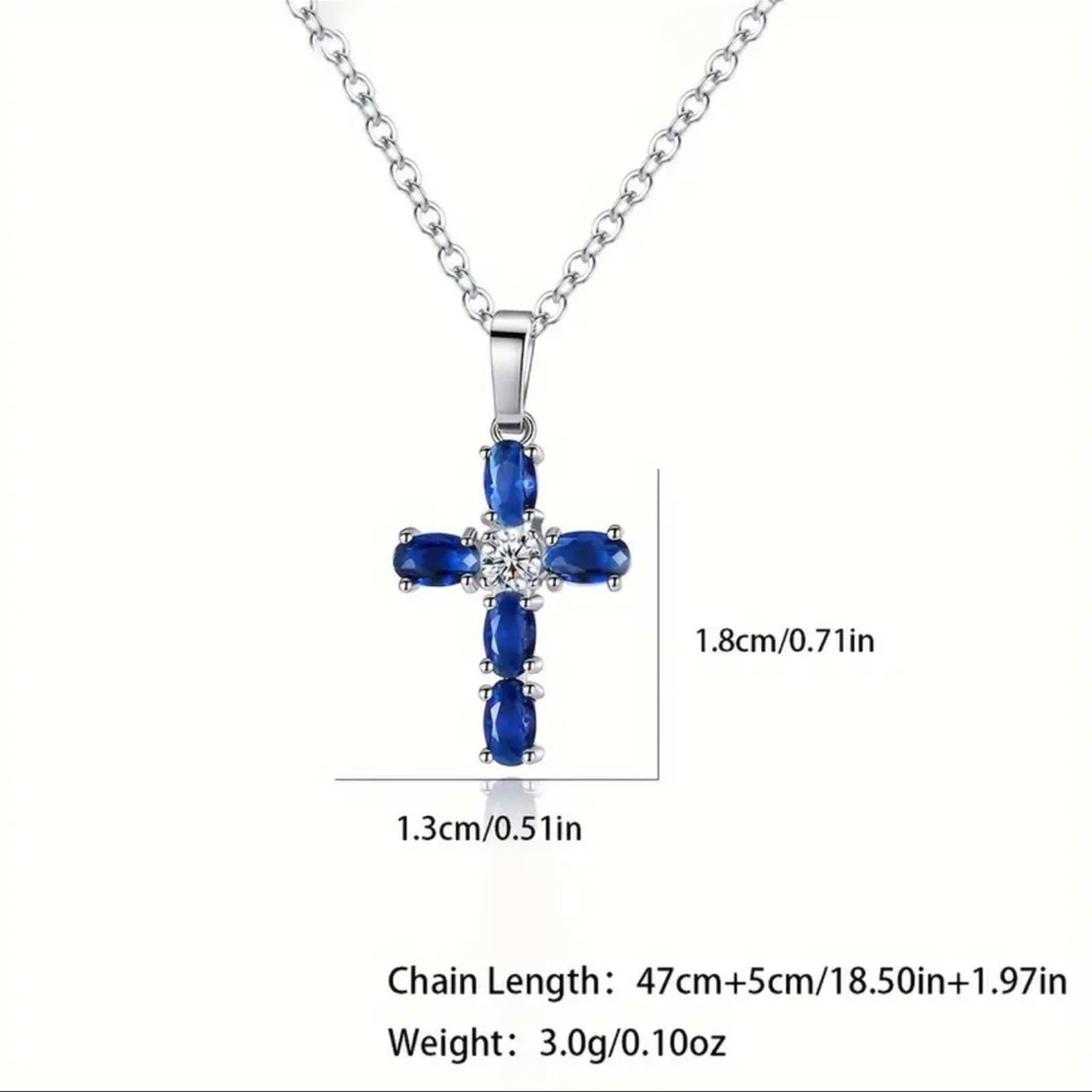 Elegant Blue Oval Cubic Zirconia Dainty Cross Pendant Spiritual Necklace - Picture 4 of 5